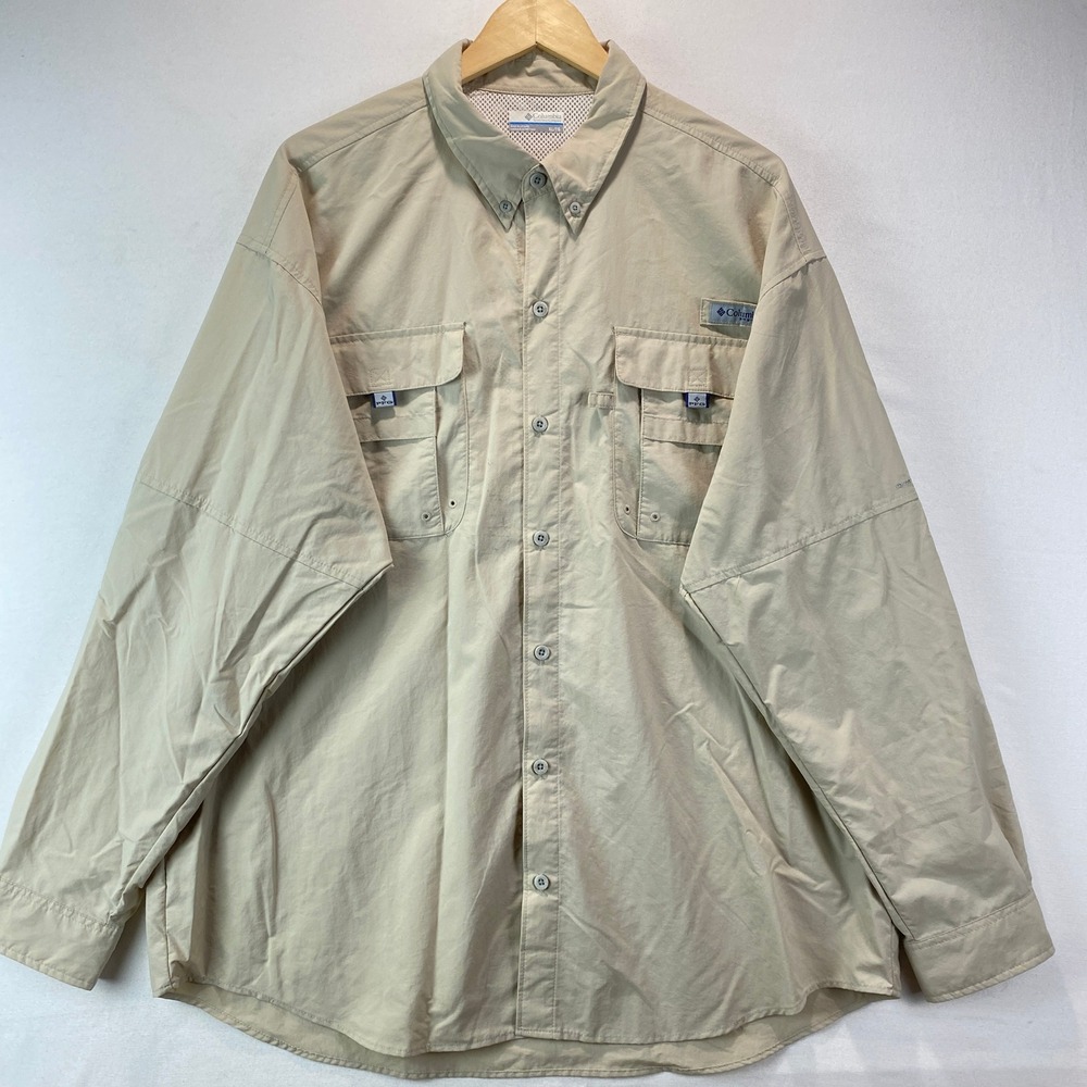 Columbia PFG Omni-Shade Fishing Shirt Mens XL Beige Nylon Vented Long Sleeve